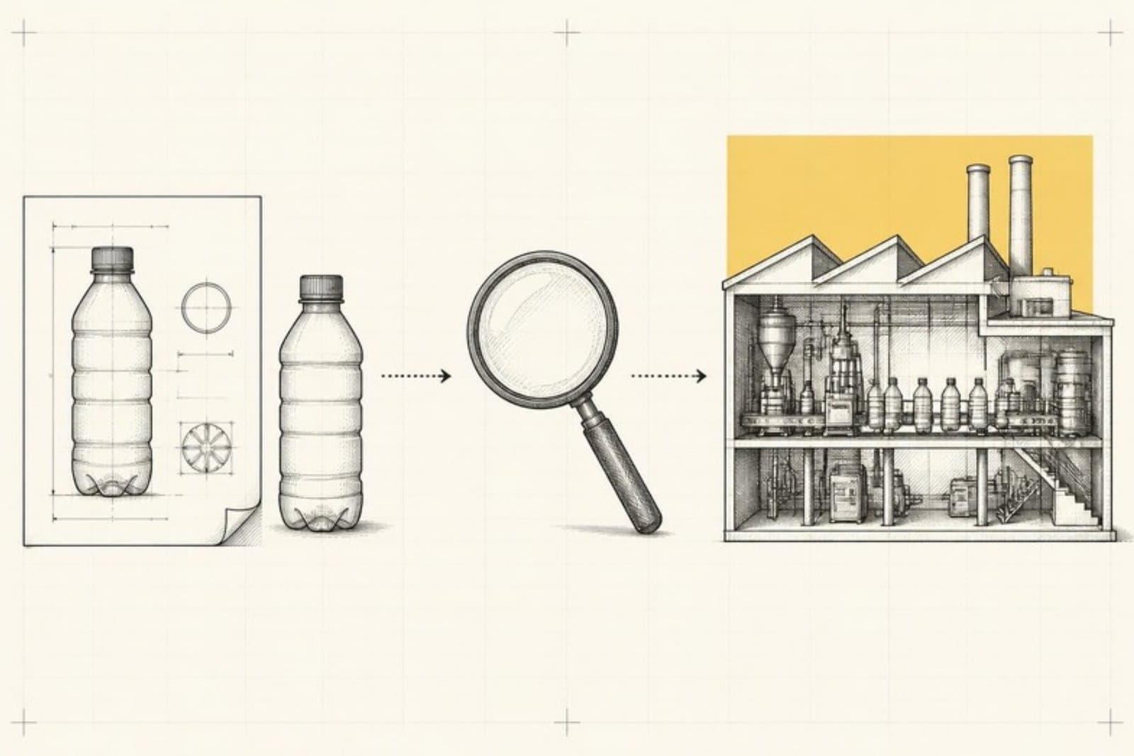 Sketch: a product spec sheet and sample, examined under a magnifying glass, traced to the factory production line that makes it