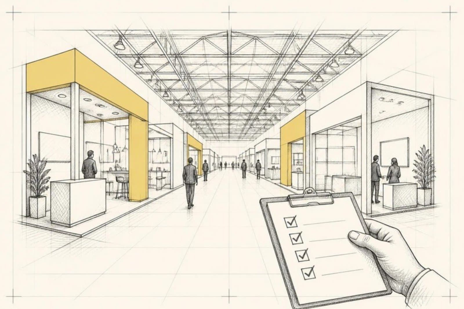 Sketch: a trade show aisle with a few highlighted booths and a hand holding a ticked shortlist
