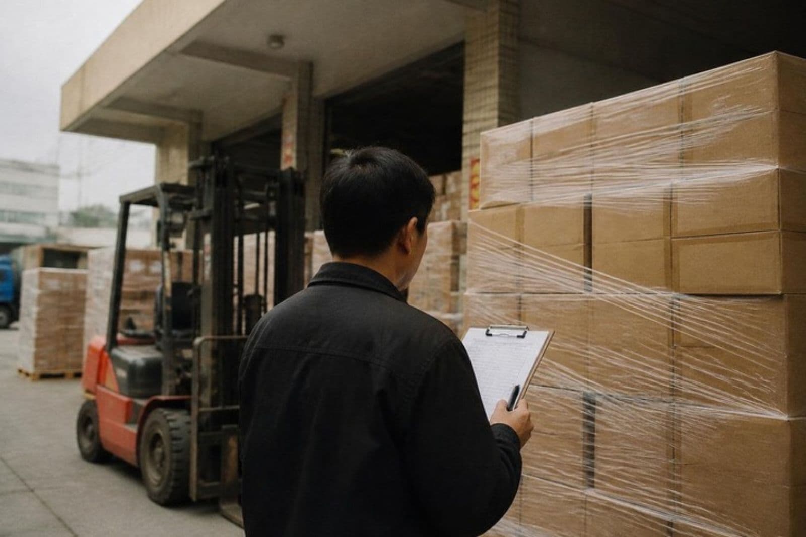Inspector with a clipboard checking stacked export cartons at a factory loading dock
