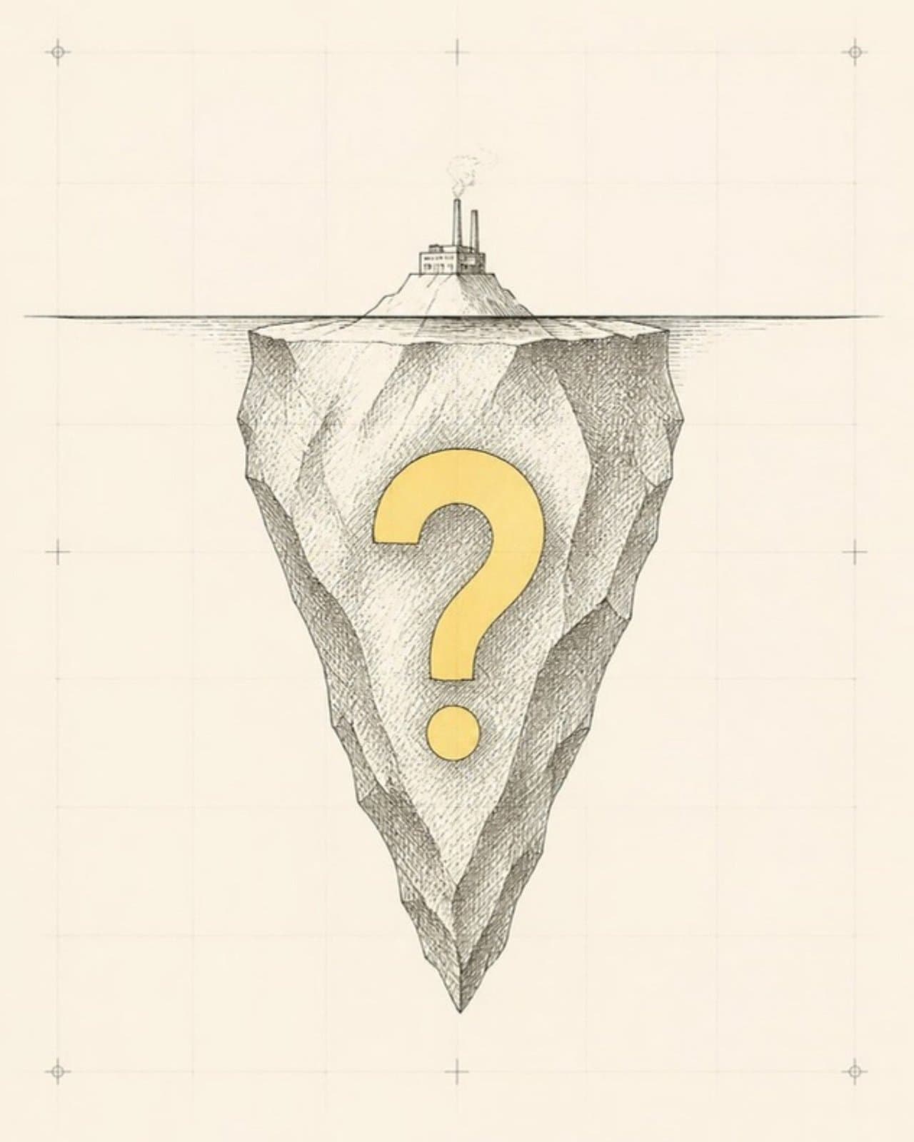 Sketch: an iceberg where only a small factory shows above the waterline and a large question mark is hidden below