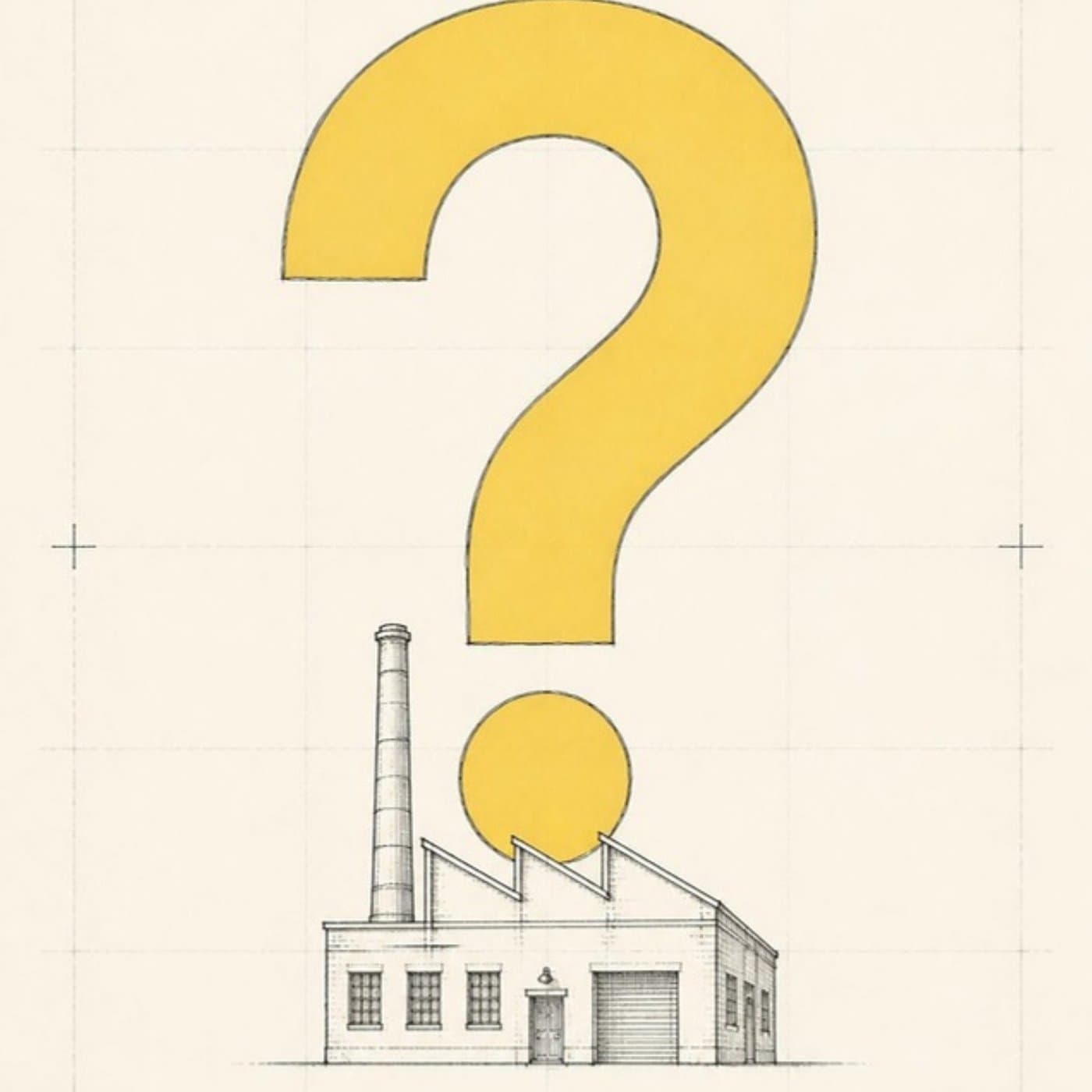 Sketch: a factory building with a large question mark rising above its roofline